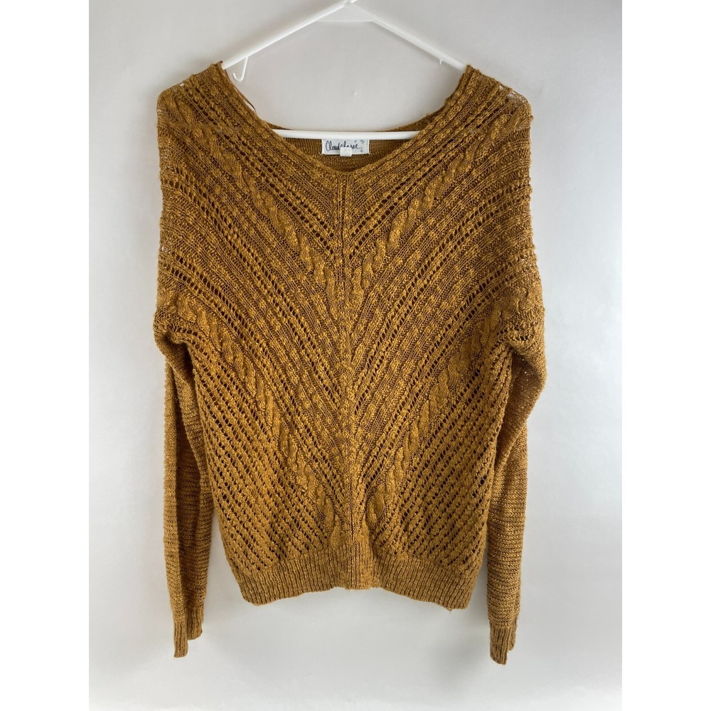 Cloud Chaser Sweater Women's Size Medium Gold Pullover Boat Neck Lace Cable Knit